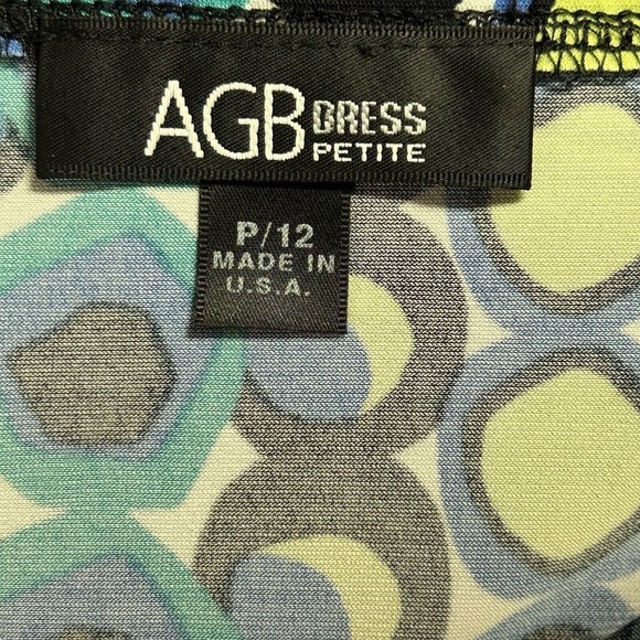 AGB Shift Dress Short Sleeve Lined Geometrical Circle Blue Yellow Size 12 Petite - Picture 11 of 12